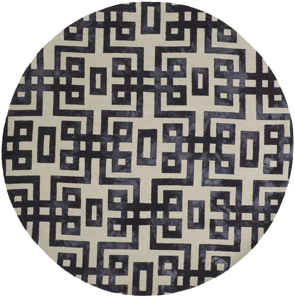 10' Ivory And Black Round Wool Geometric Rug