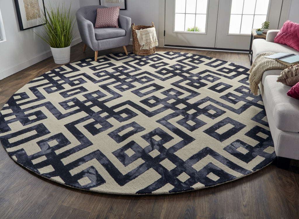 10' Ivory And Black Round Wool Geometric Rug