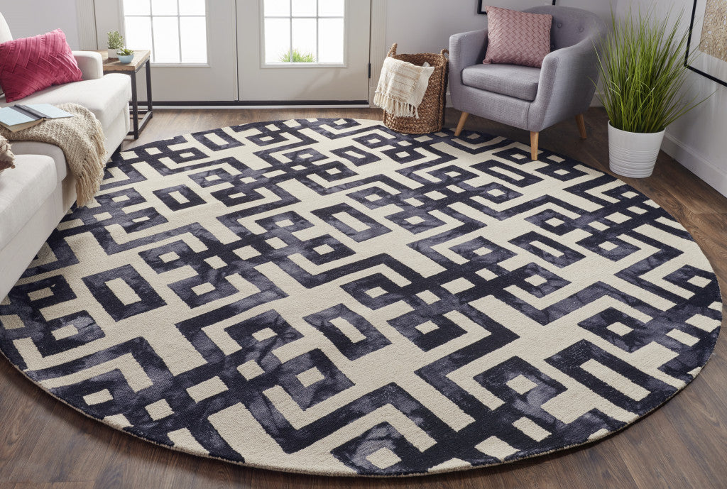 10' Ivory And Black Round Wool Geometric Rug