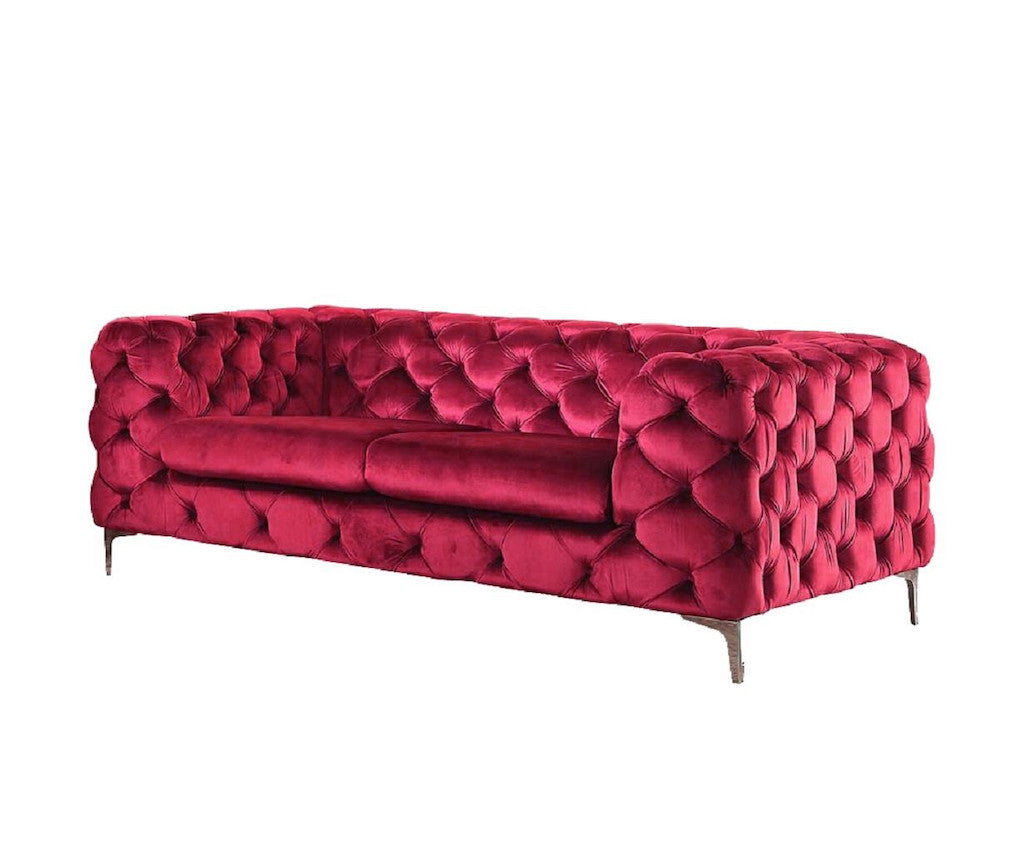 75" Red Velvet Modern Chesterfield Sofa