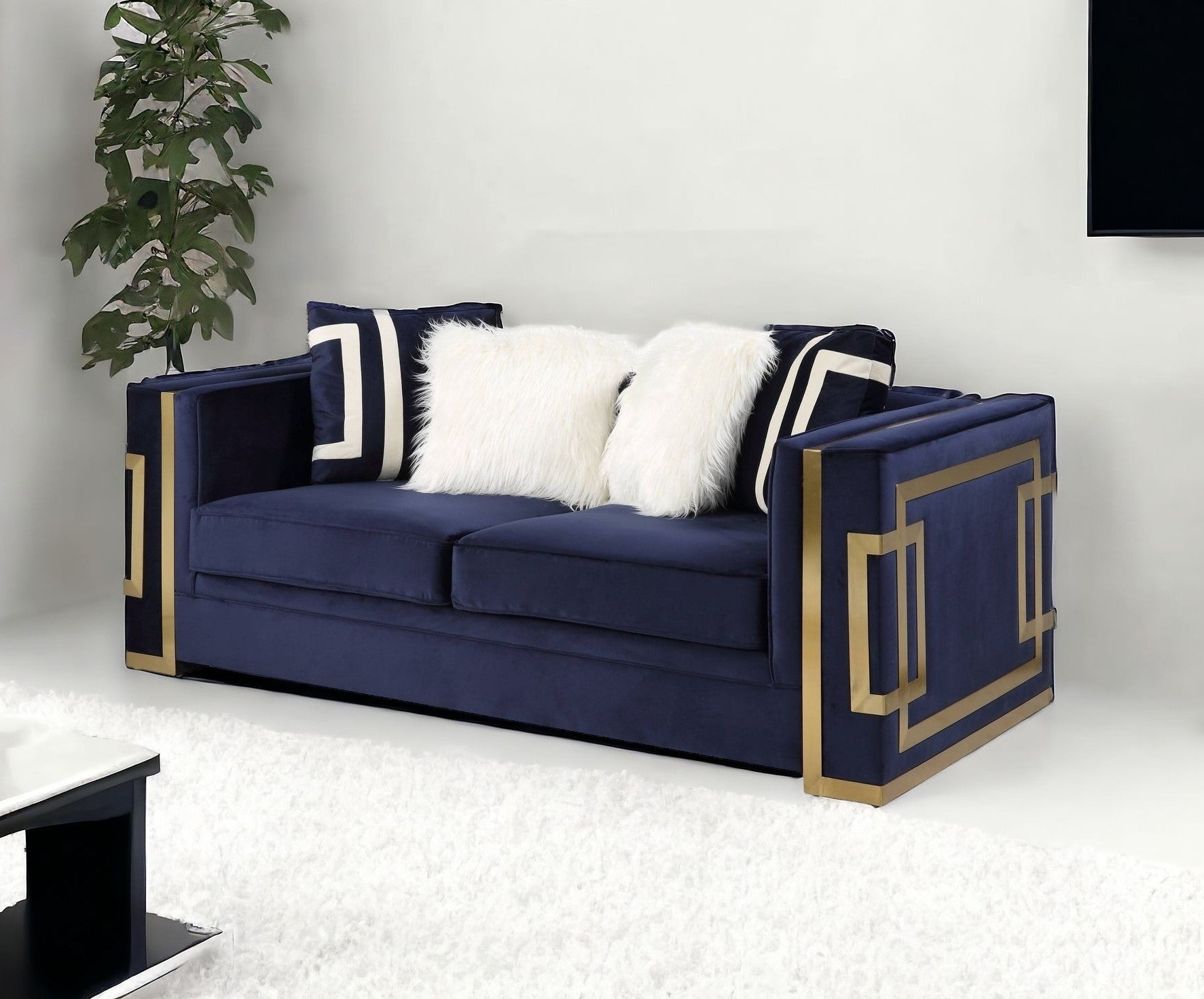 80" Blue and Gold Velvet Deco Loveseat