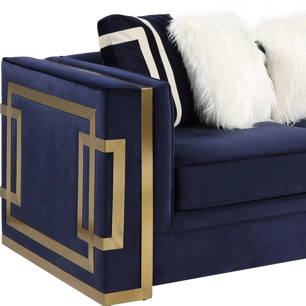 80" Blue and Gold Velvet Deco Loveseat