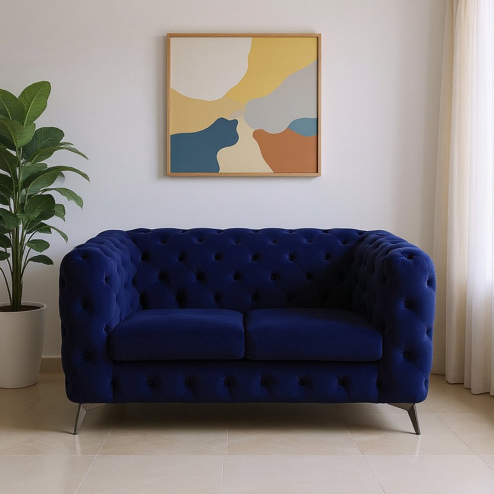 72" Blue Velvet Modern Chesterfield Loveseat