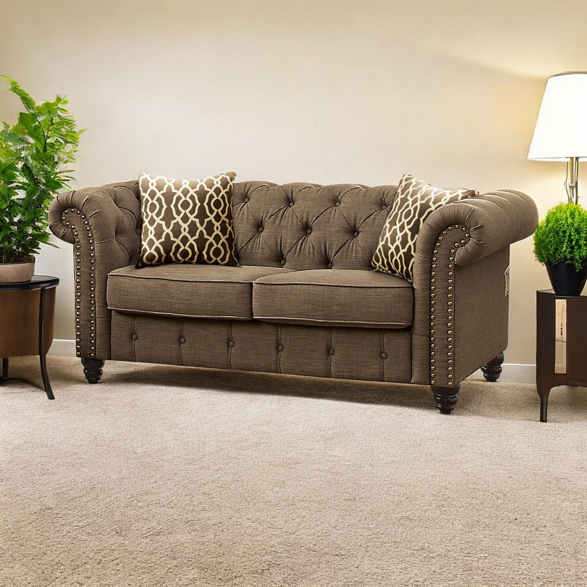 67" Brown Tufted Chesterfield Loveseat