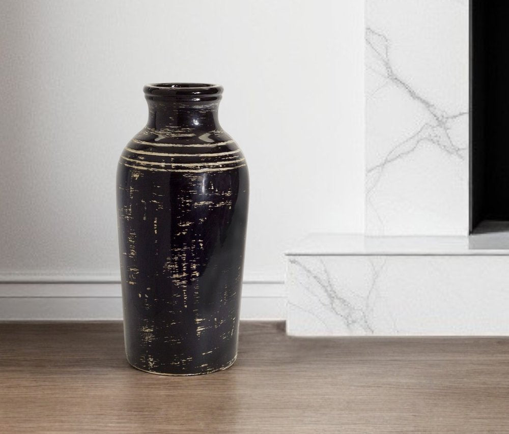 18" Black and Ivory Striped Urn Floor Vase