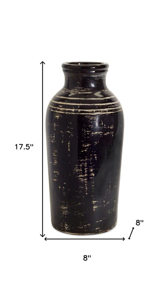 18" Black and Ivory Striped Urn Floor Vase