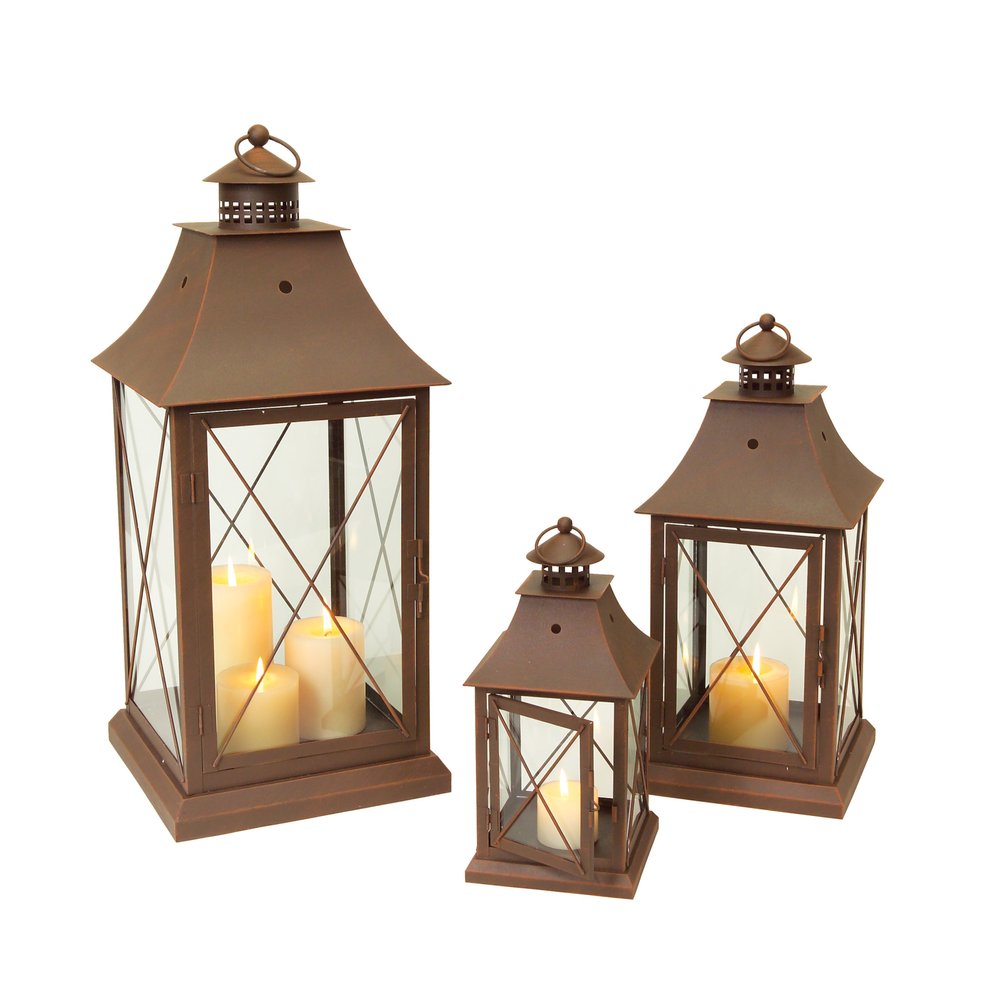 Set of Three Brown Lattice Glass and Metal Floor Lantern Candle Holders