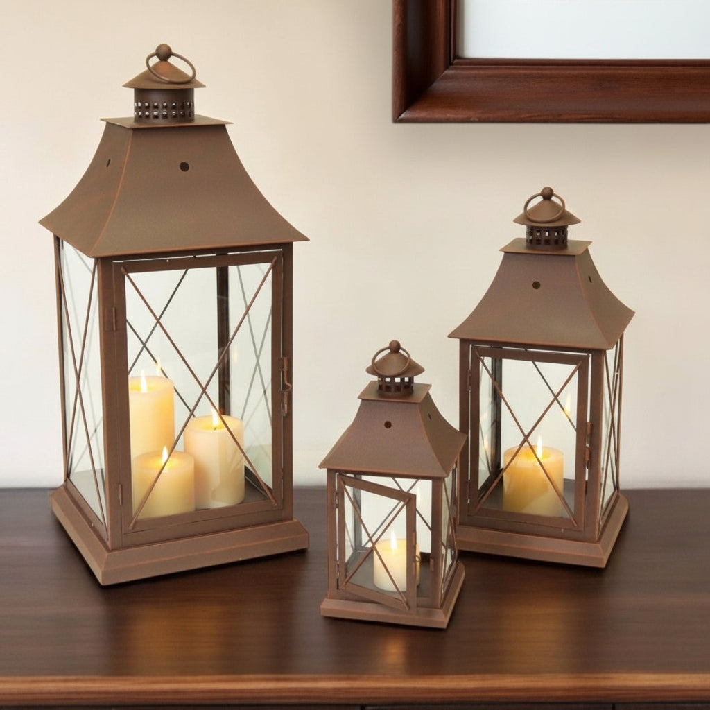 Set of Three Brown Lattice Glass and Metal Floor Lantern Candle Holders