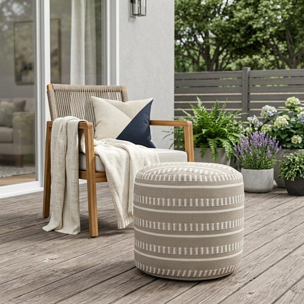 20" Round Striped Outdoor Pouf Ottoman