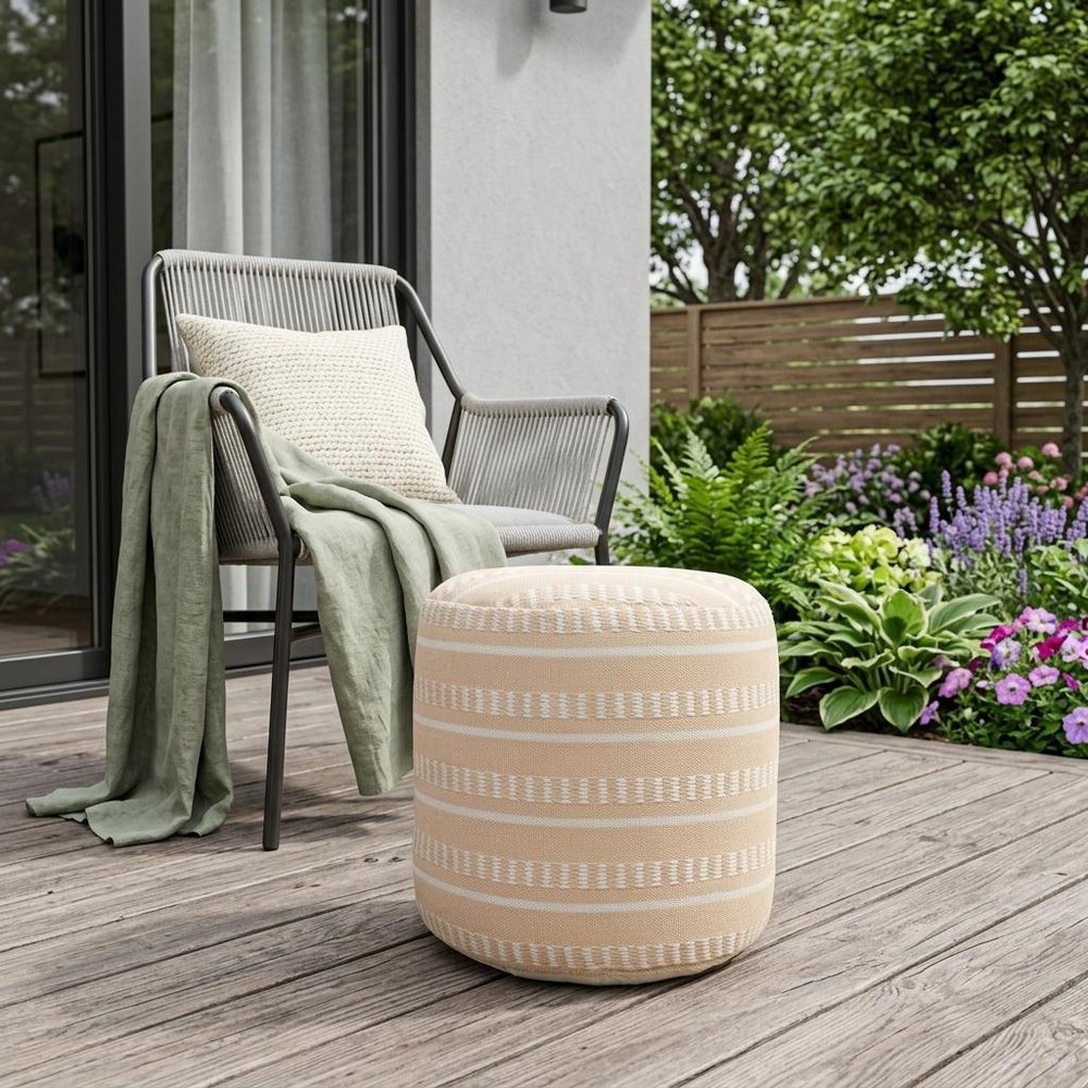 20" Round Striped Outdoor Pouf Ottoman