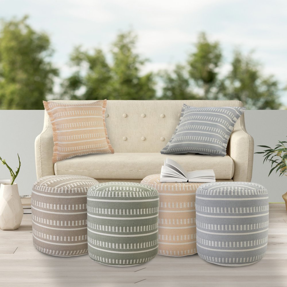 20" Round Striped Outdoor Pouf Ottoman