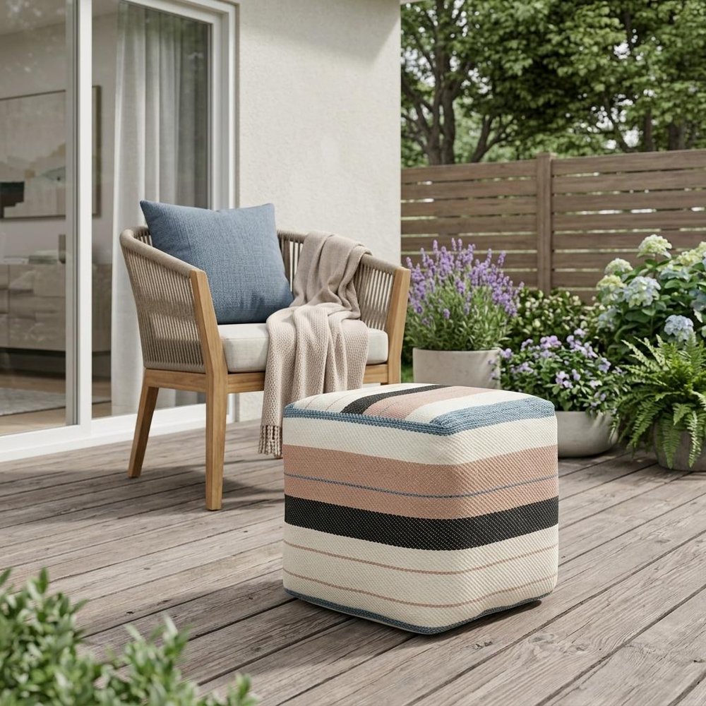 20" White Striped Outdoor Square Pouf Ottoman