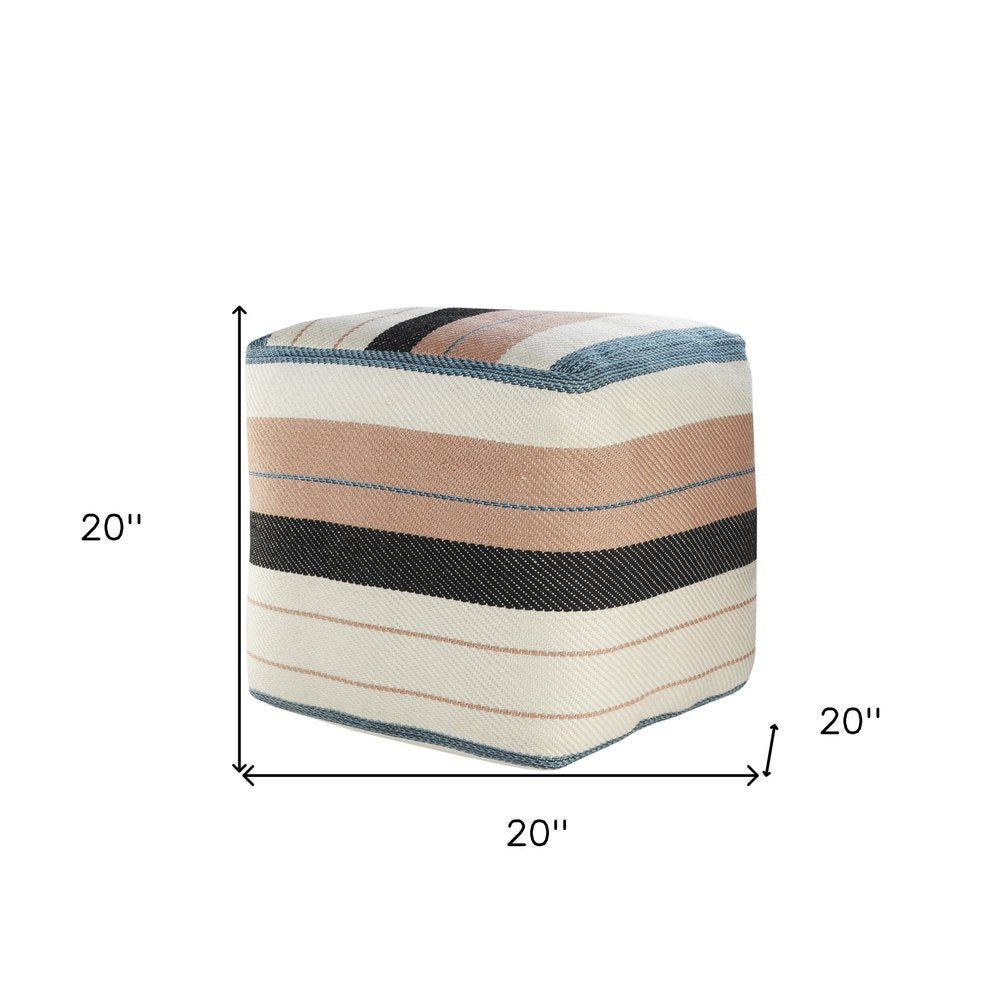 20" White Striped Outdoor Square Pouf Ottoman