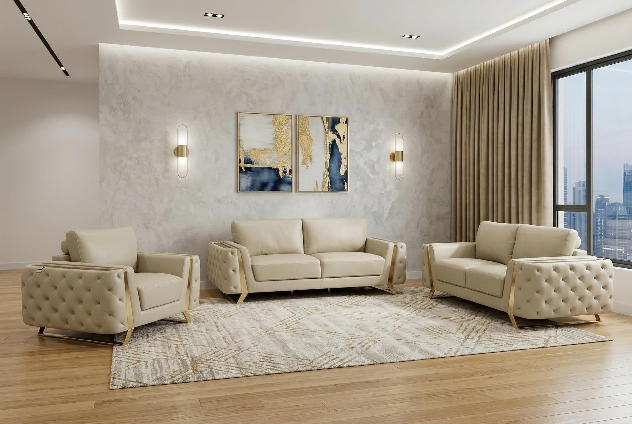 3 Piece Diamond Tufted Leather 6-Seat Set