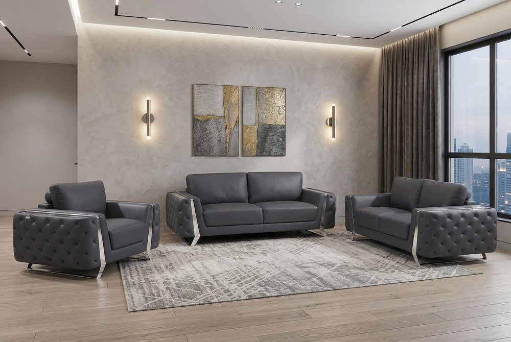 3 Piece Diamond Tufted Leather 6-Seat Set