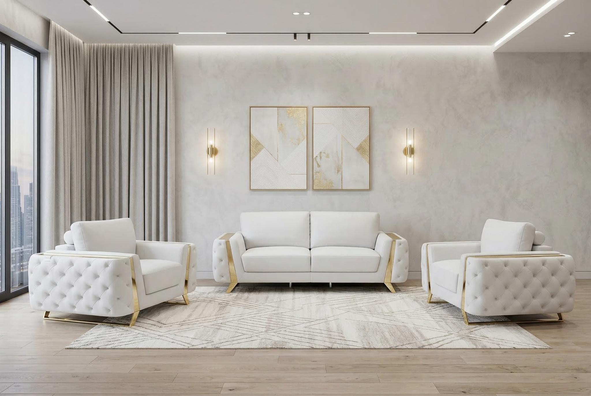 3 Piece Diamond Tufted Leather 6-Seat Set