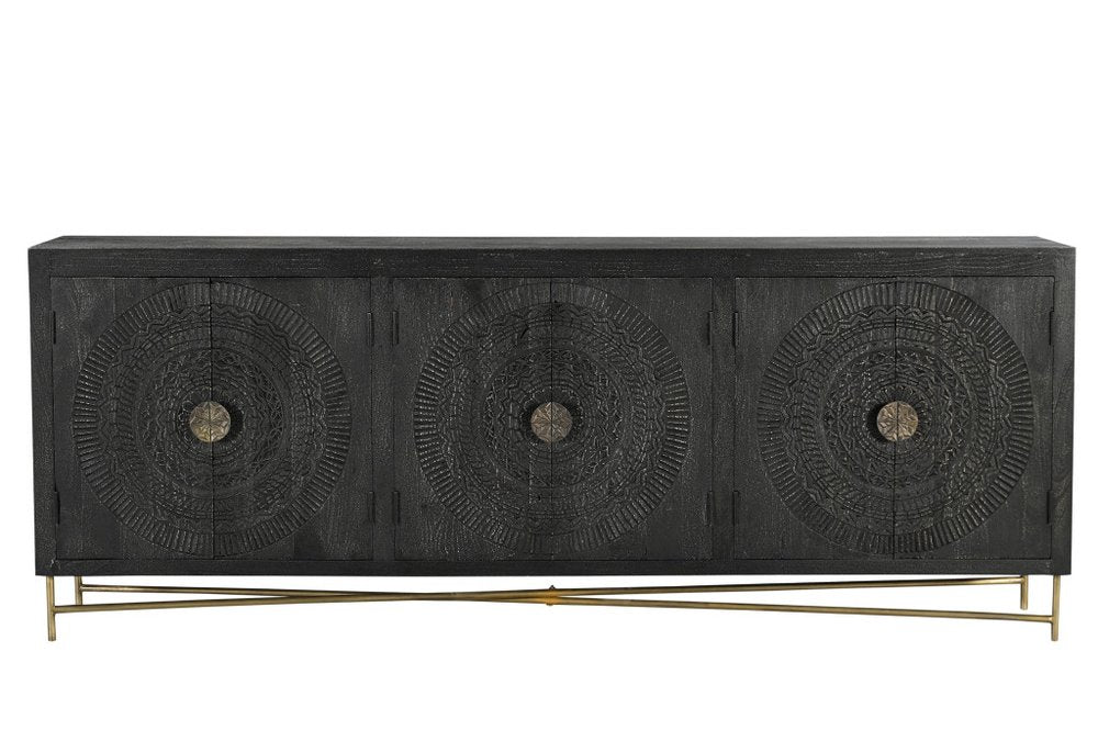 95" Black Distressed Wood Rings Sideboard