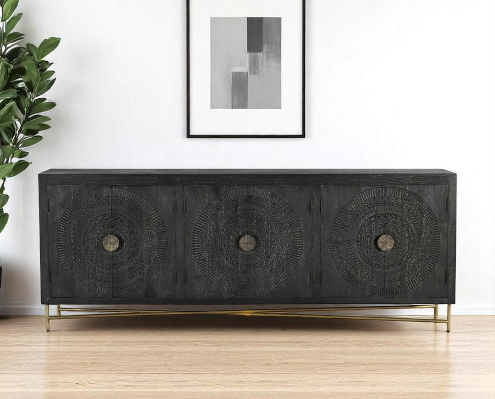 95" Black Distressed Wood Rings Sideboard