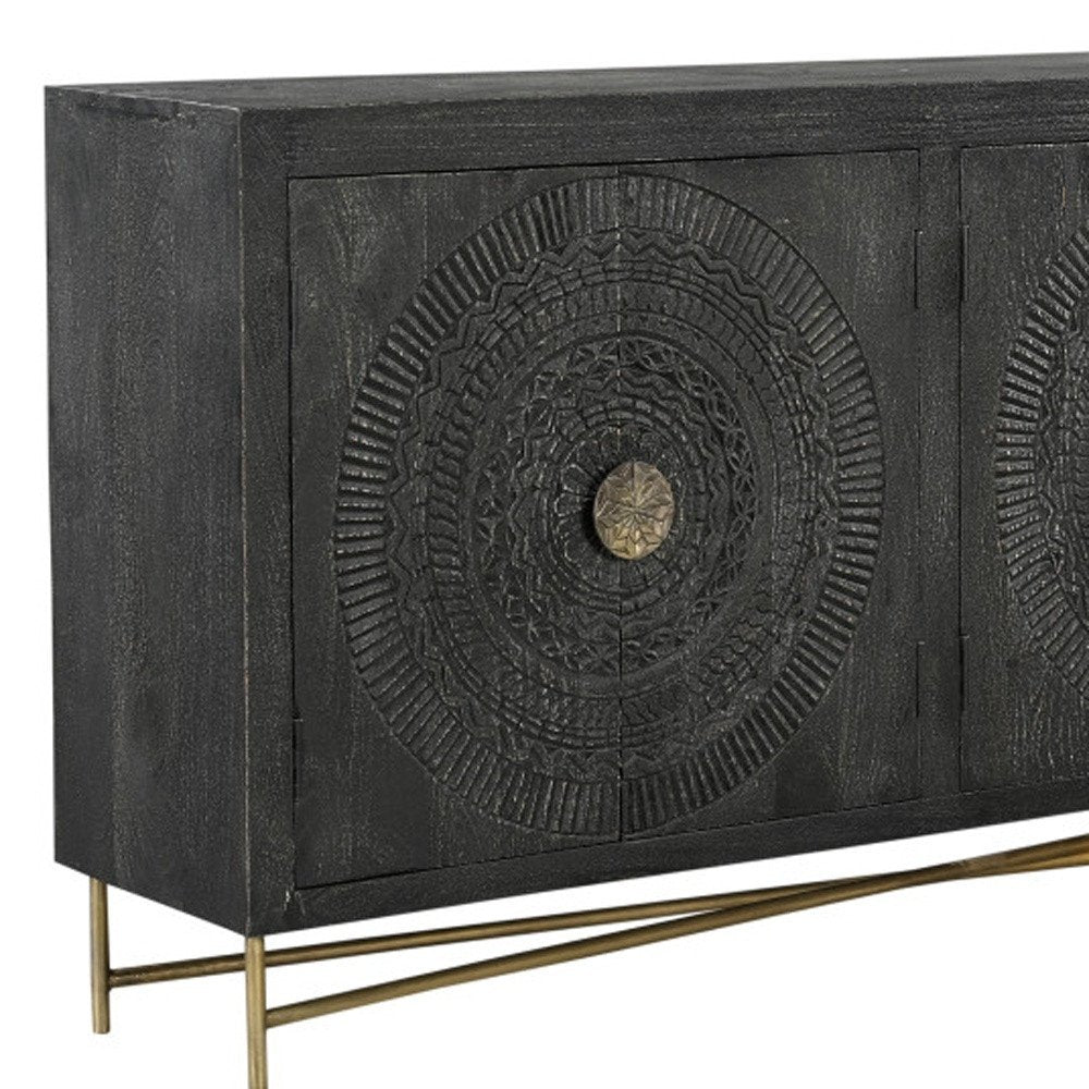 95" Black Distressed Wood Rings Sideboard
