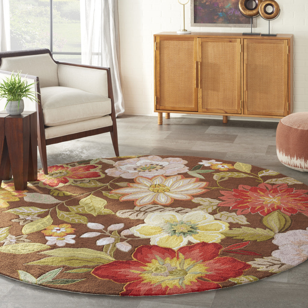 Brown Hand Hooked Floral Rug