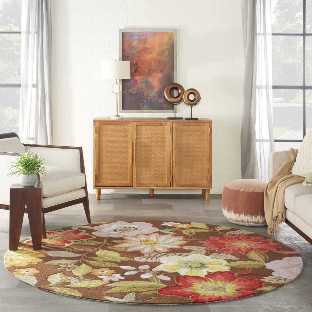 Brown Hand Hooked Floral Rug