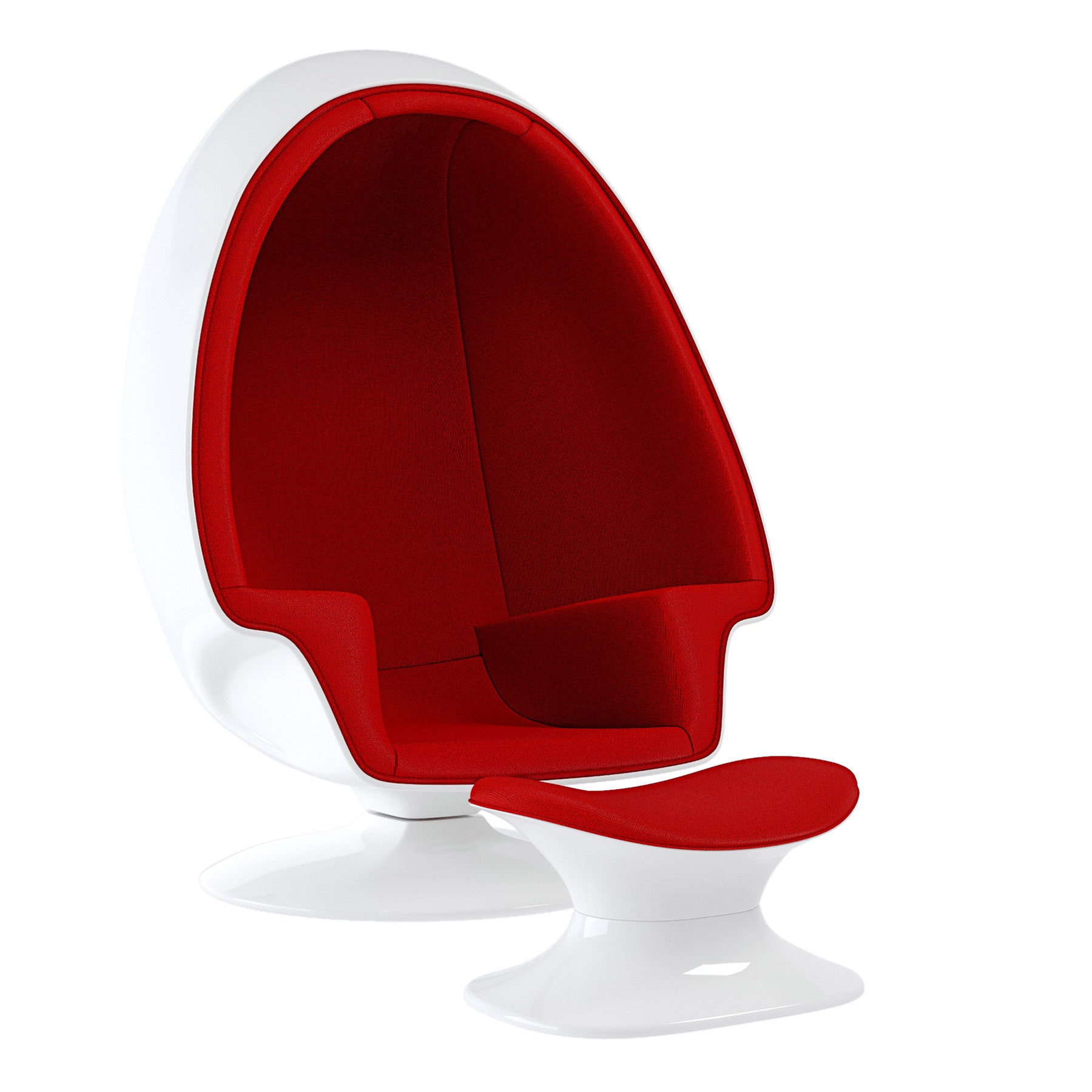 38" White and Red Wool Swivel Egg Chair and Ottoman