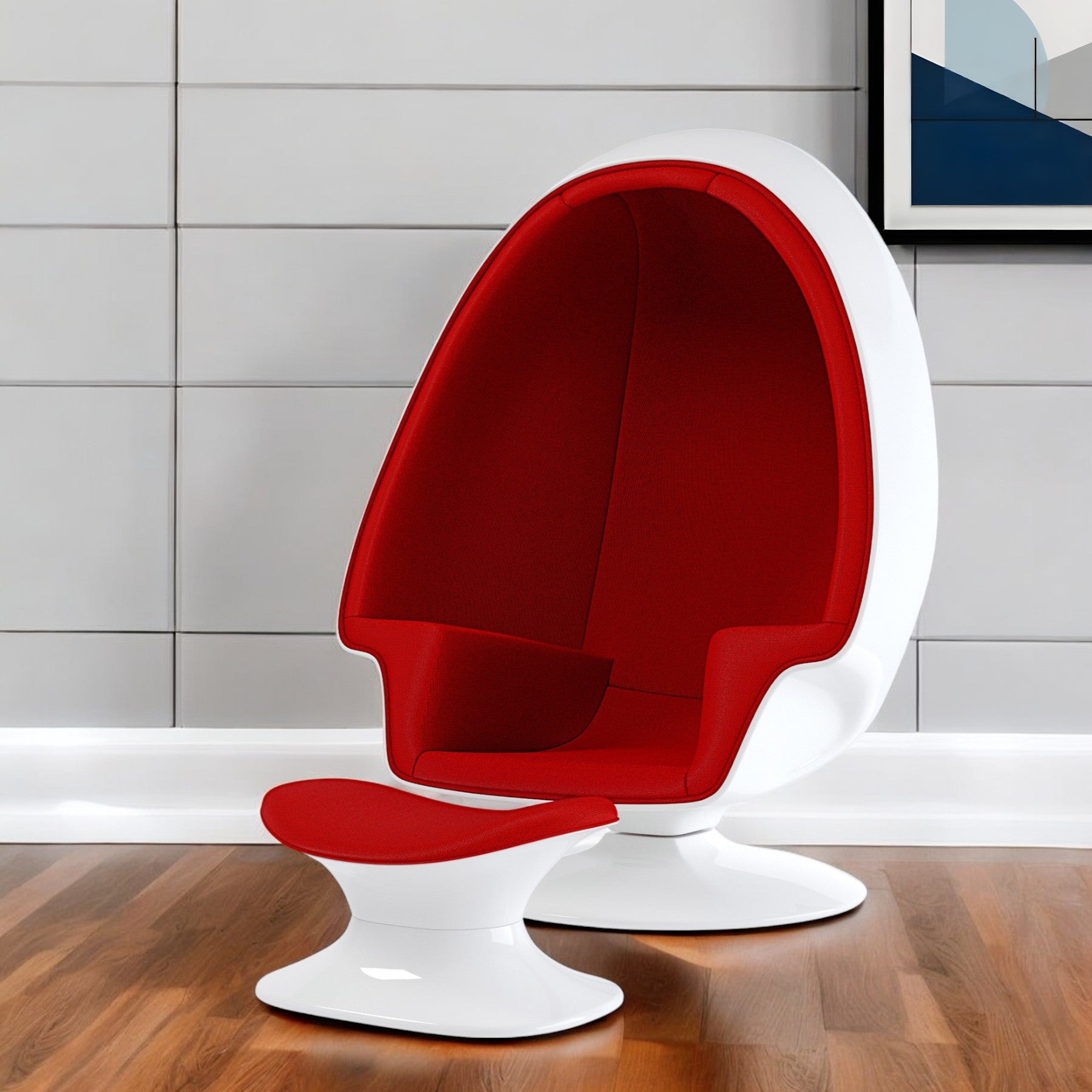 38" White and Red Wool Swivel Egg Chair and Ottoman