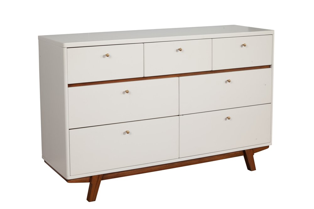 56" Brown and White Mid-Century 7 Drawer Dresser
