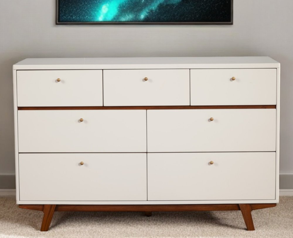 56" Brown and White Mid-Century 7 Drawer Dresser