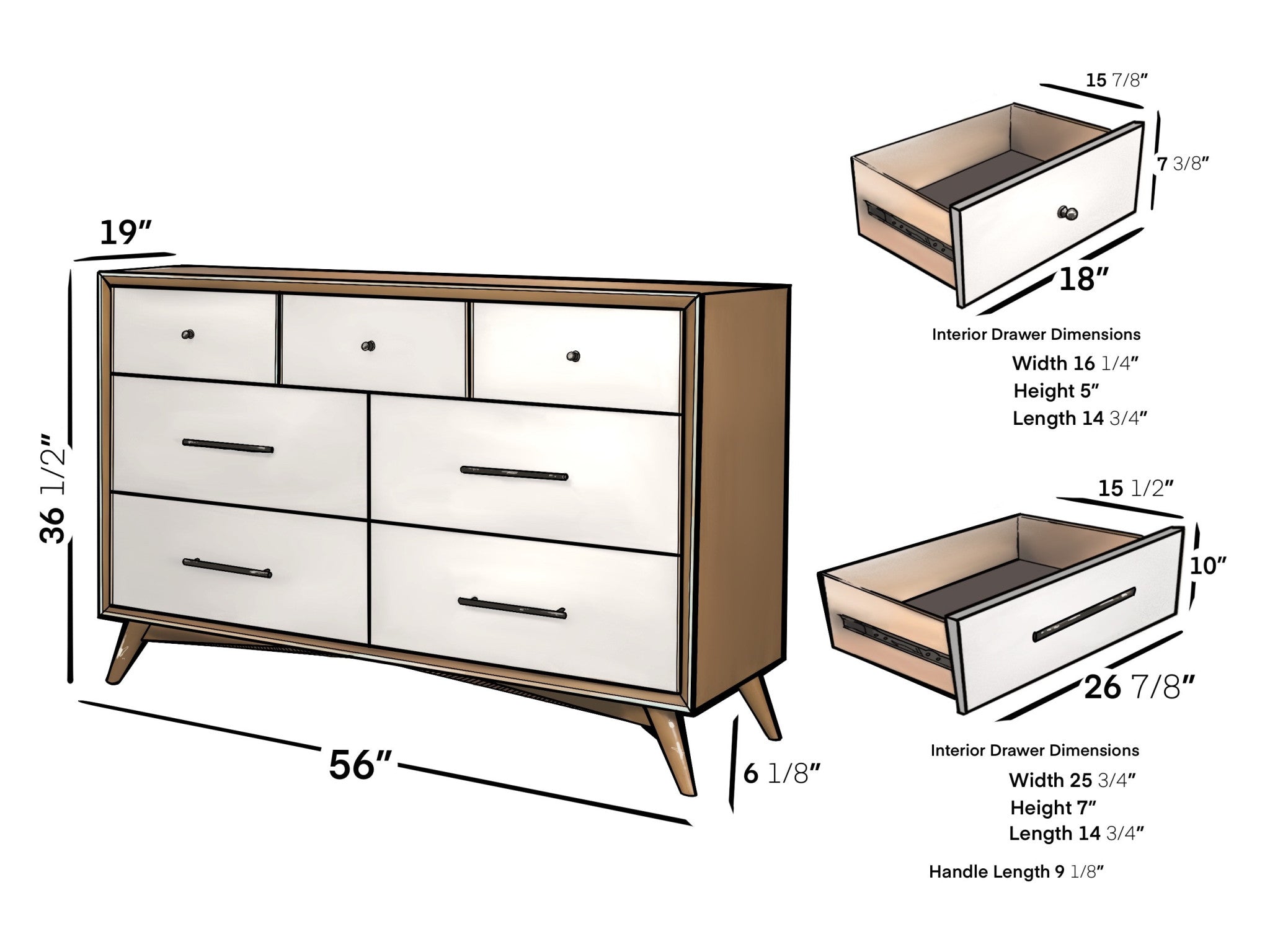 56" Wood Mid-Century 6-Drawer Dresser