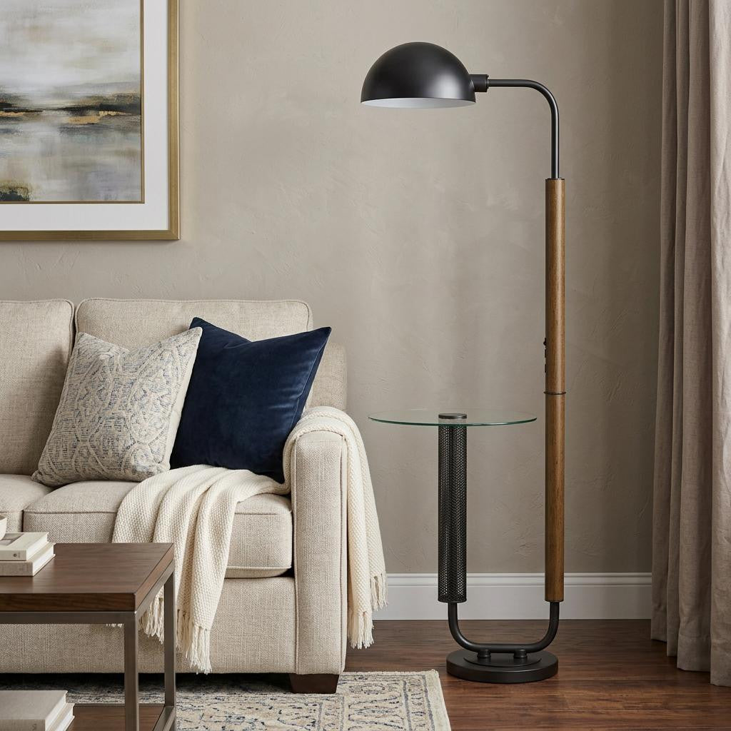 63" Brown and Black Overhang Floor Lamp and Table