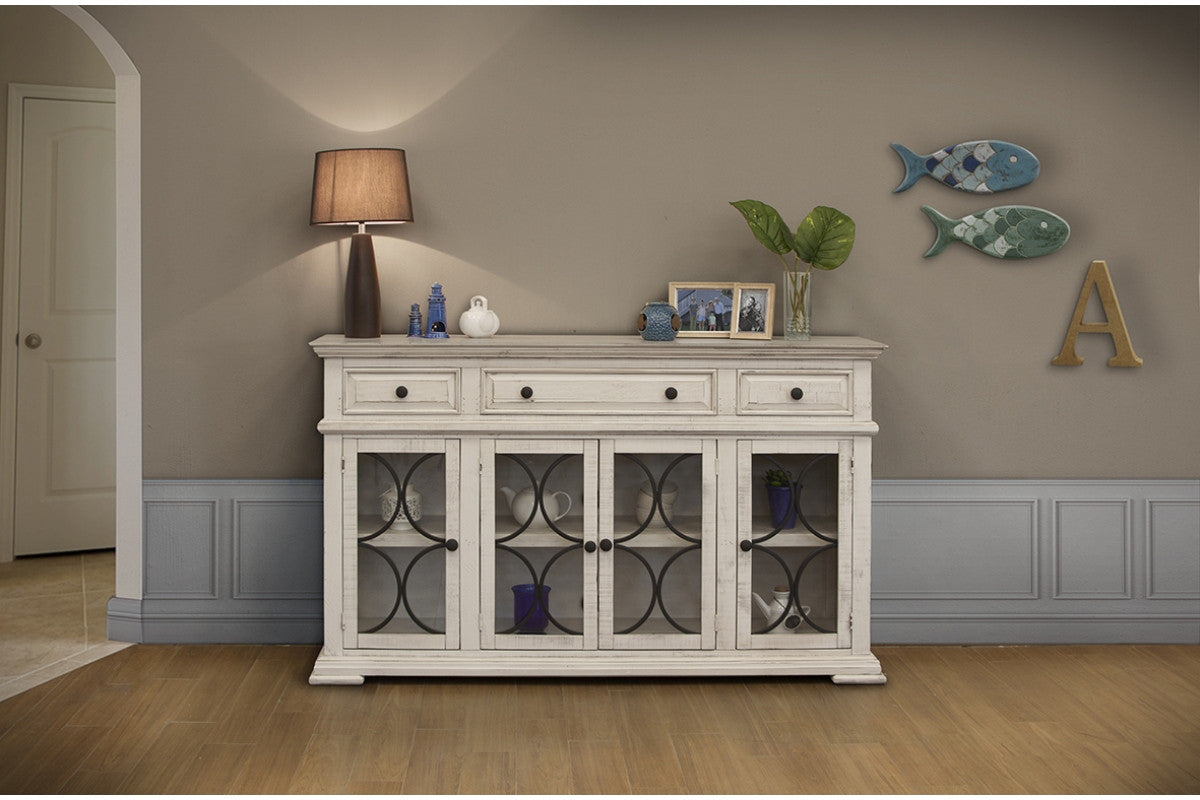 74" 4 Drawer Ivory Distressed Wood Credenza