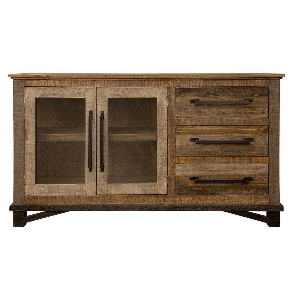 59" Brown Distressed Wood Drawer and Cabinet Buffet