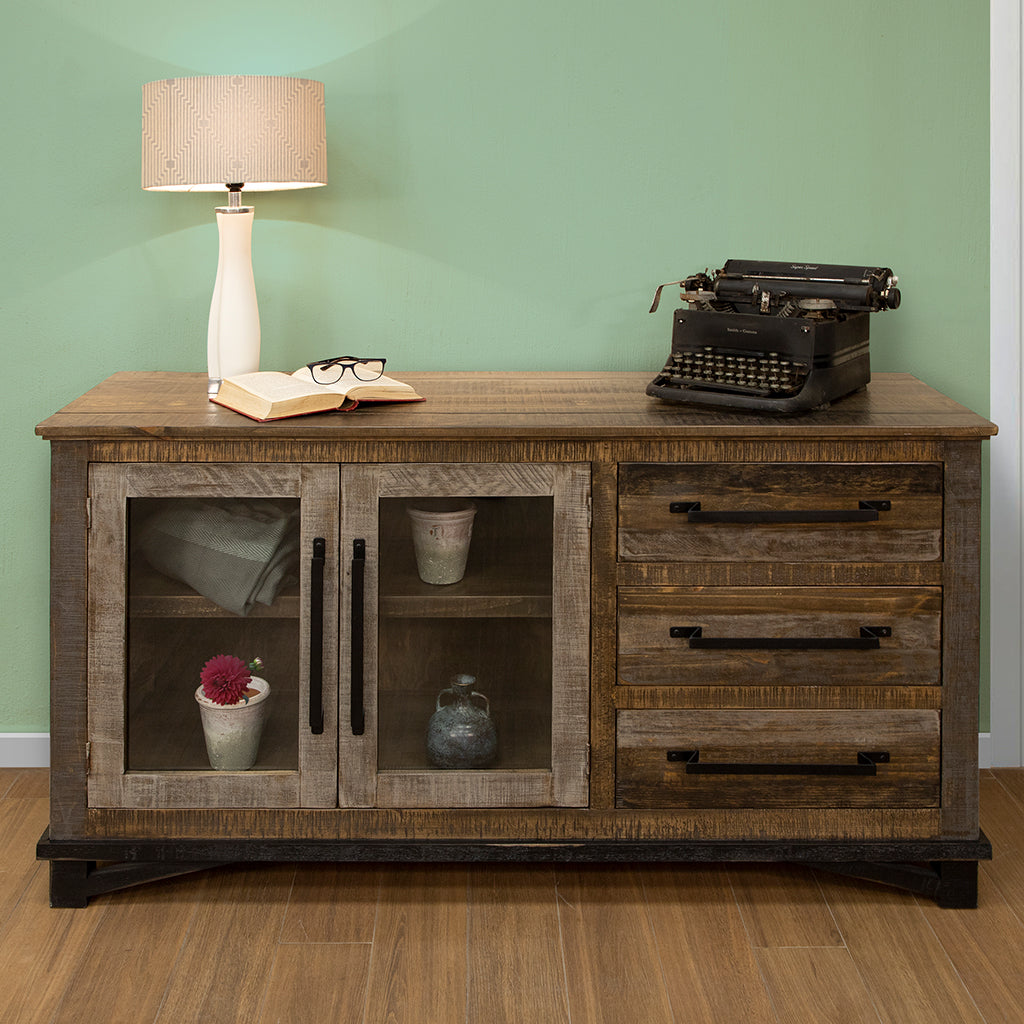 59" Brown Distressed Wood Drawer and Cabinet Buffet