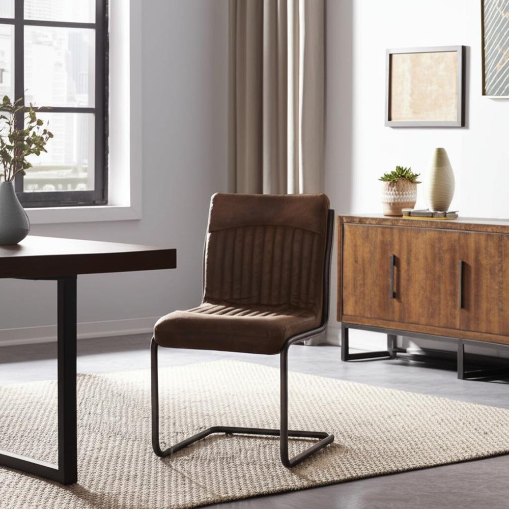 Set of Two 21" Brown Tufted Leather Industrial Dining Chair