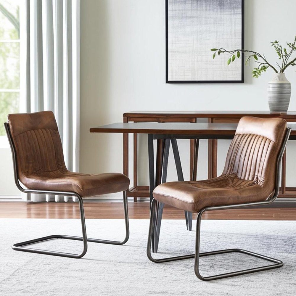 Set of Two 21" Brown Tufted Leather Industrial Dining Chair