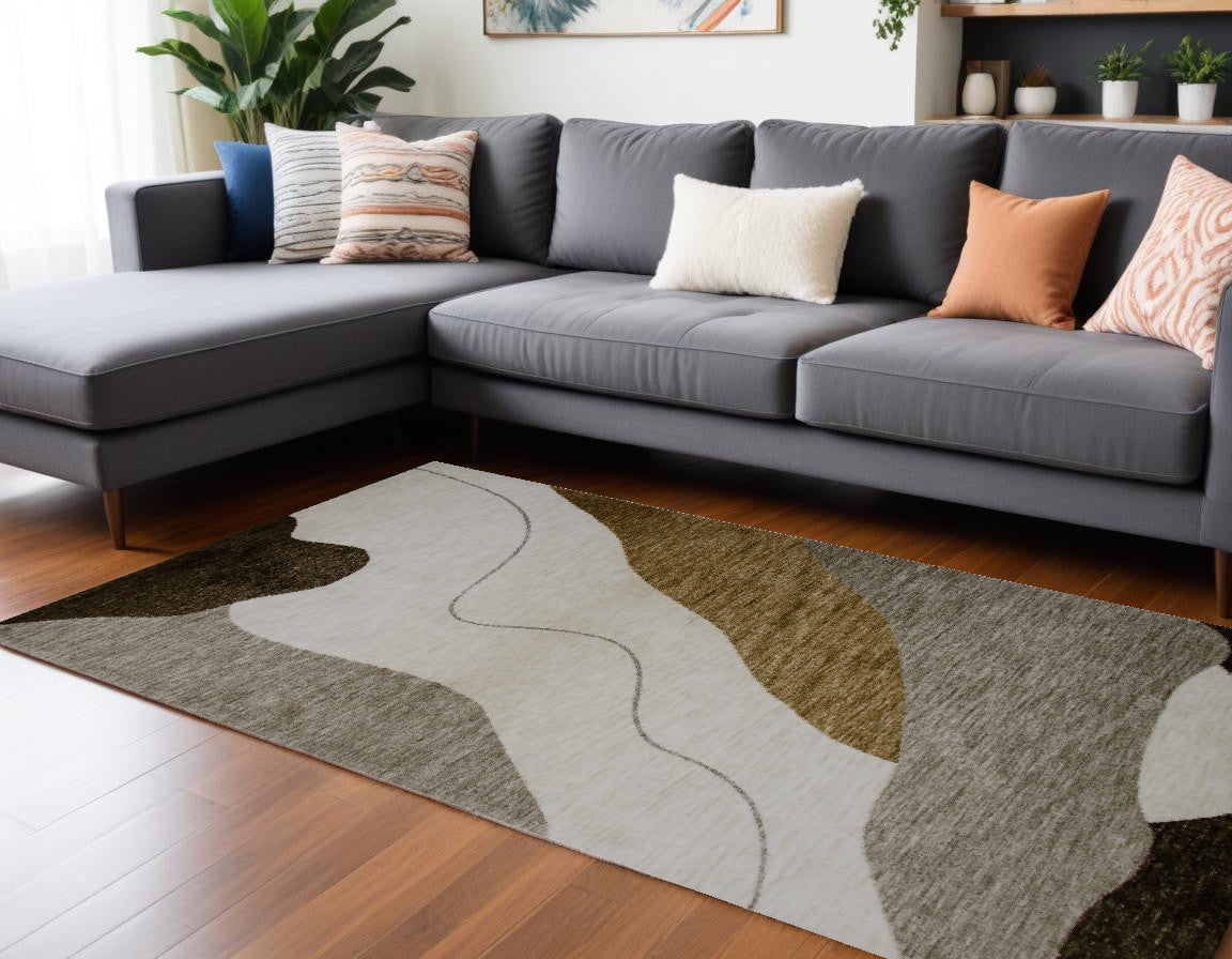 Brown, Beige and White Retro Abstract Rug