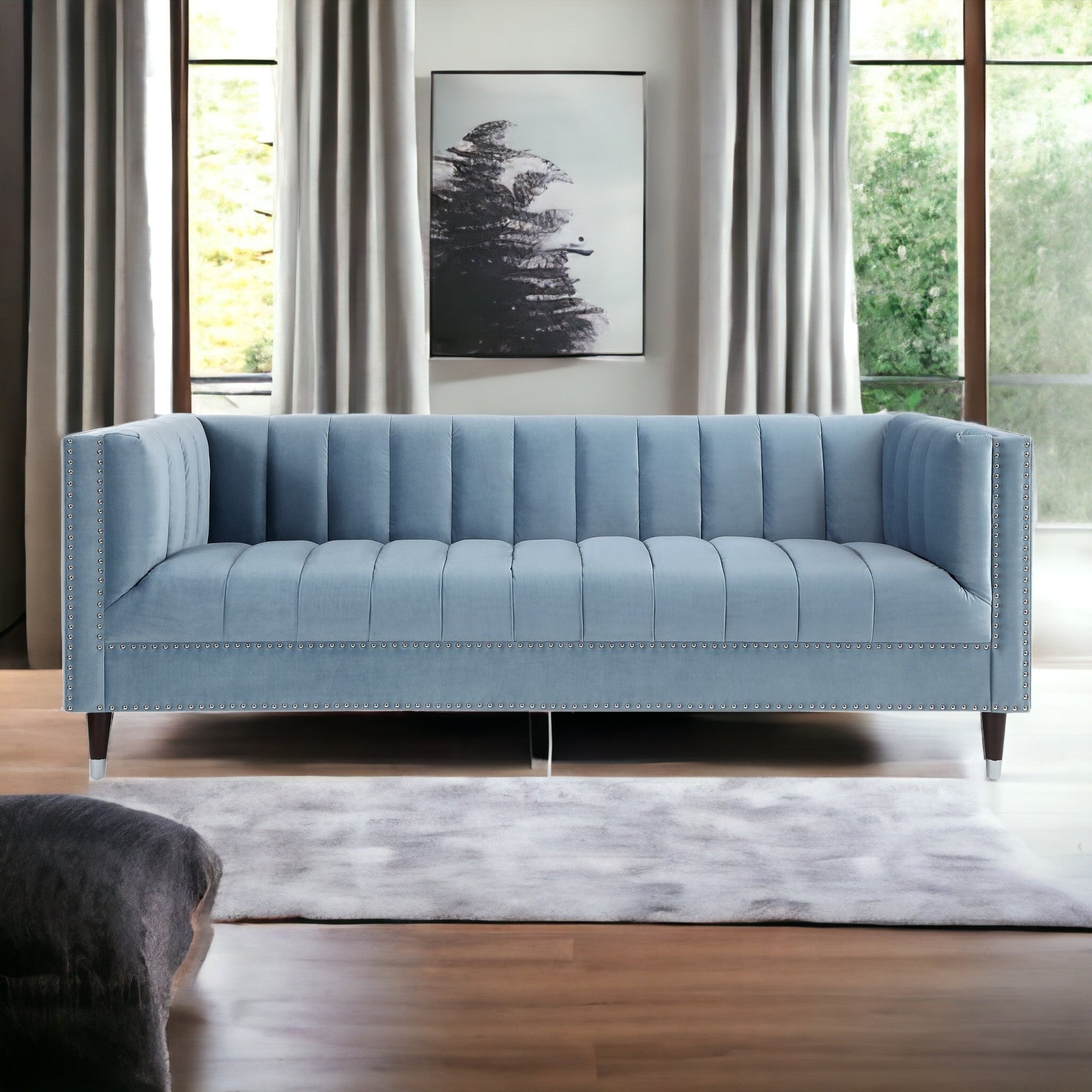 85" Slate Blue Velvet Tuxedo Sofa