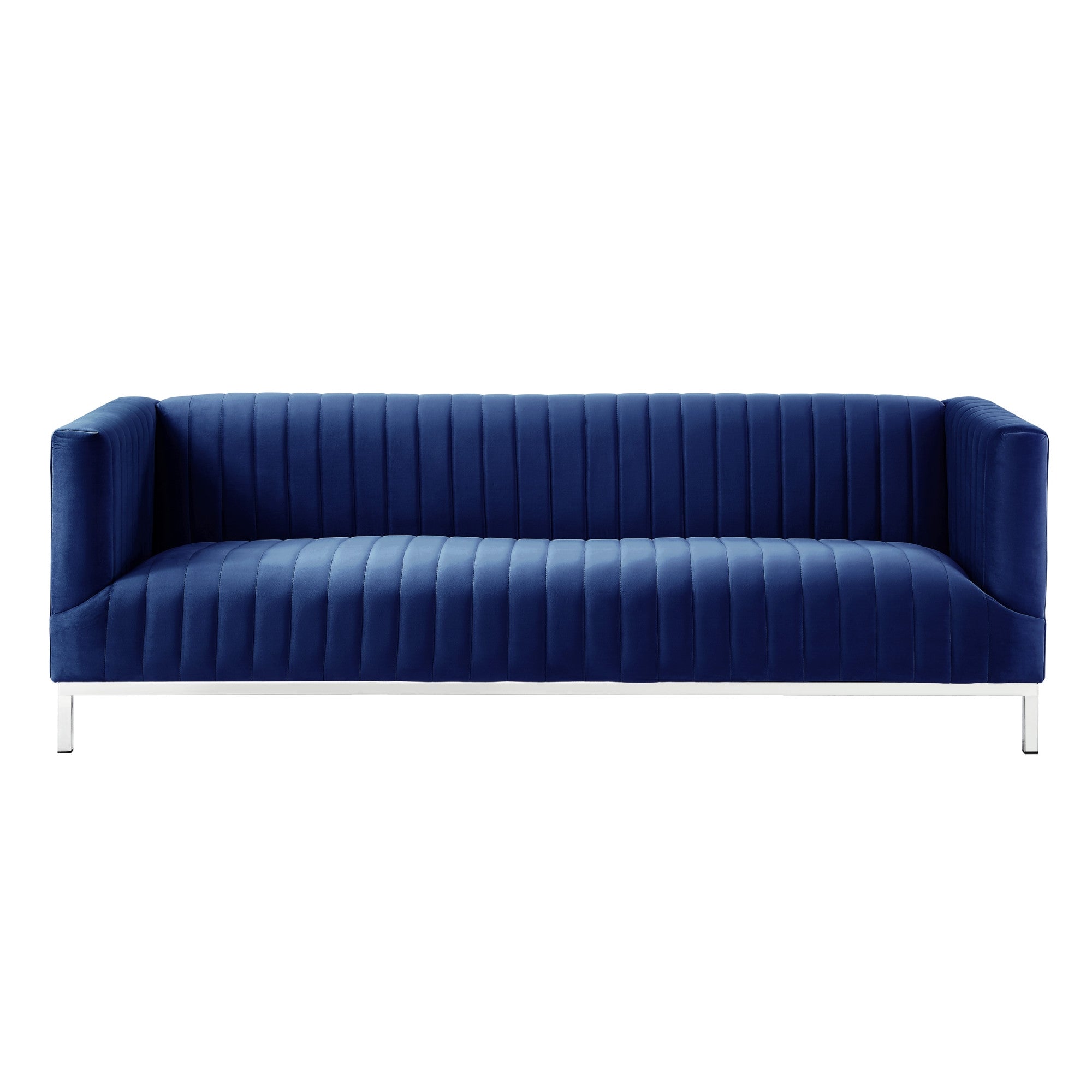 85" Blue and Silver Velvet Tuxedo Sofa