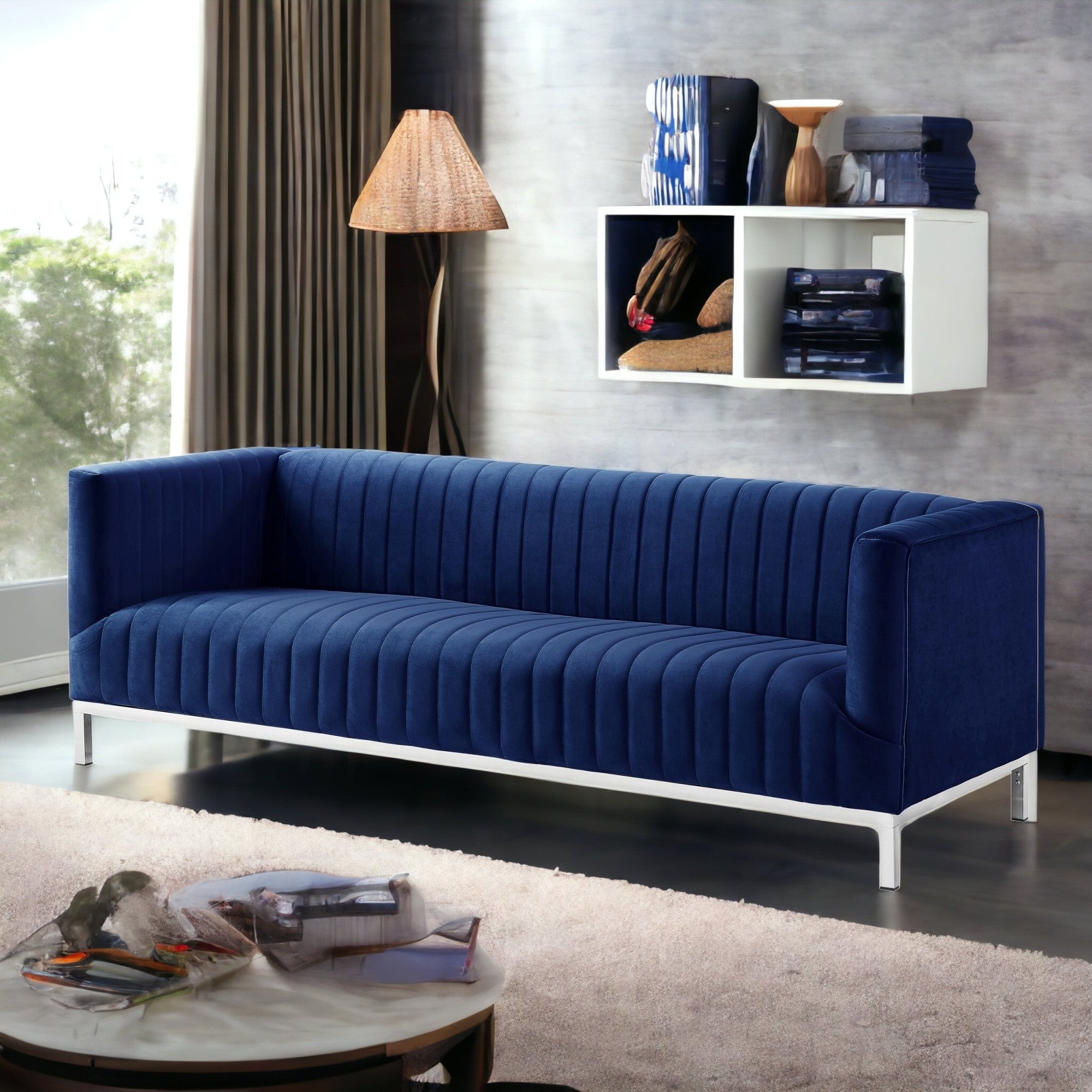 85" Blue and Silver Velvet Tuxedo Sofa