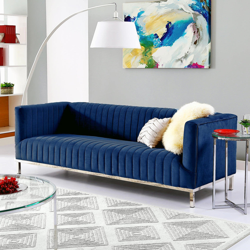 85" Blue and Silver Velvet Tuxedo Sofa