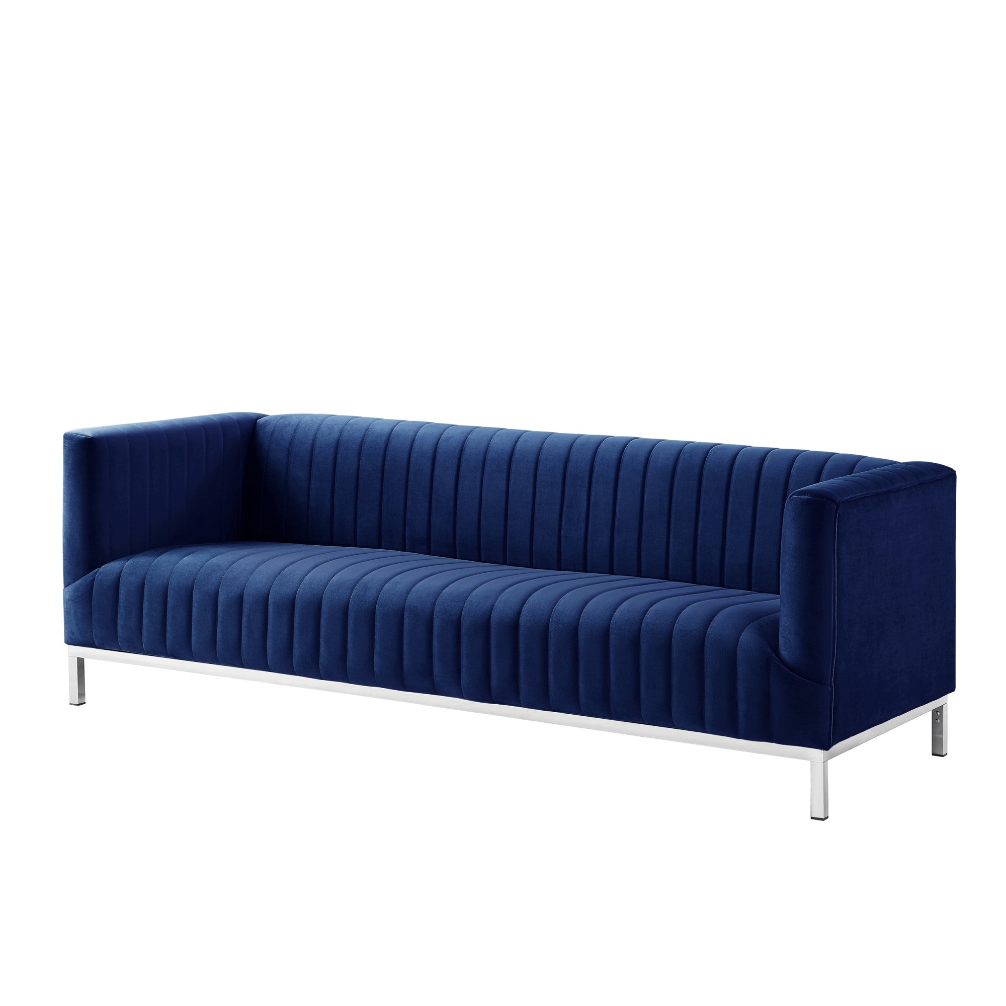 85" Blue and Silver Velvet Tuxedo Sofa