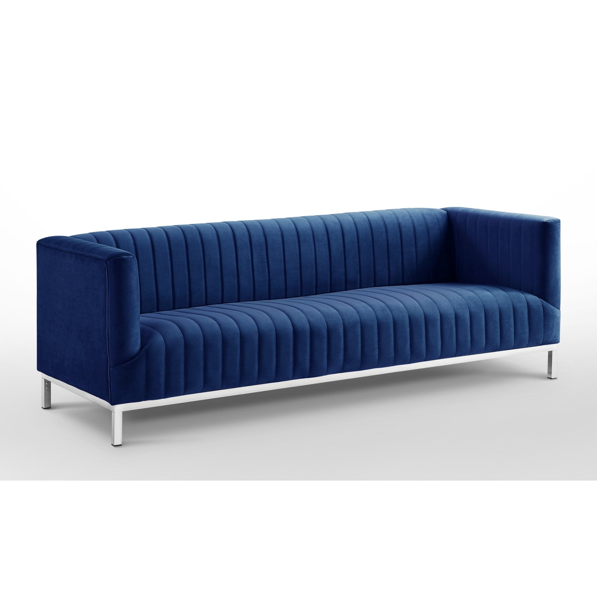 85" Blue and Silver Velvet Tuxedo Sofa