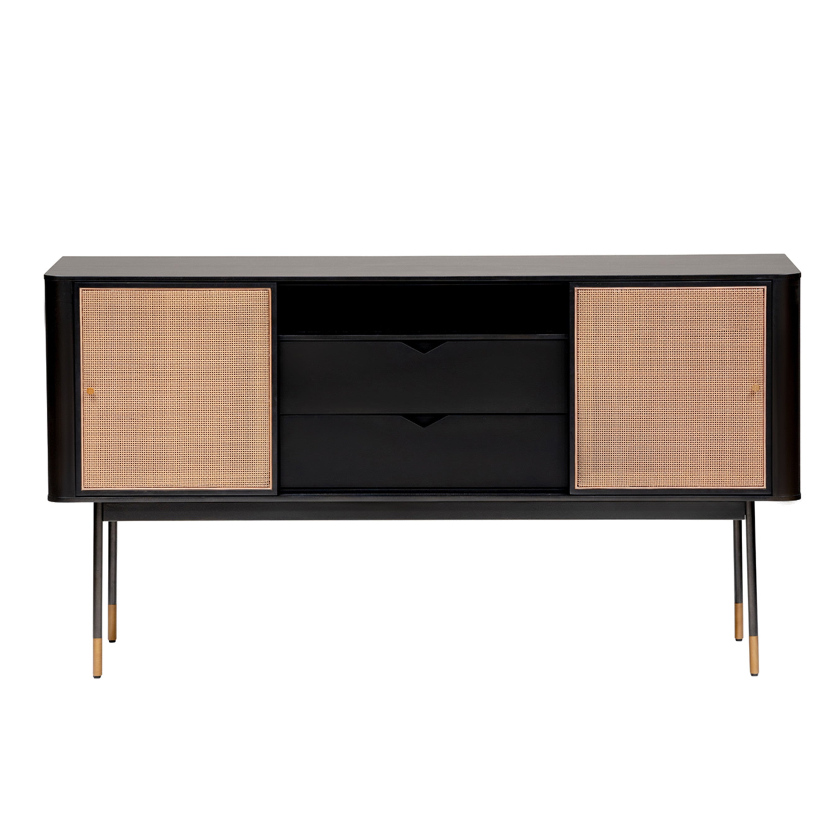 59" Black Wood and Rattan Sliding Door Cabinet