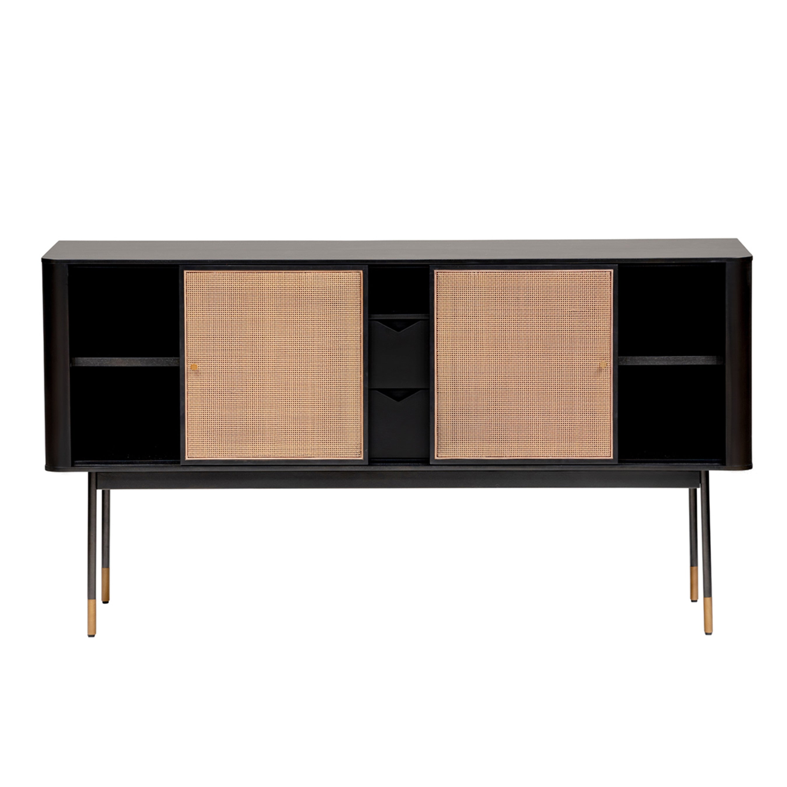59" Black Wood and Rattan Sliding Door Cabinet