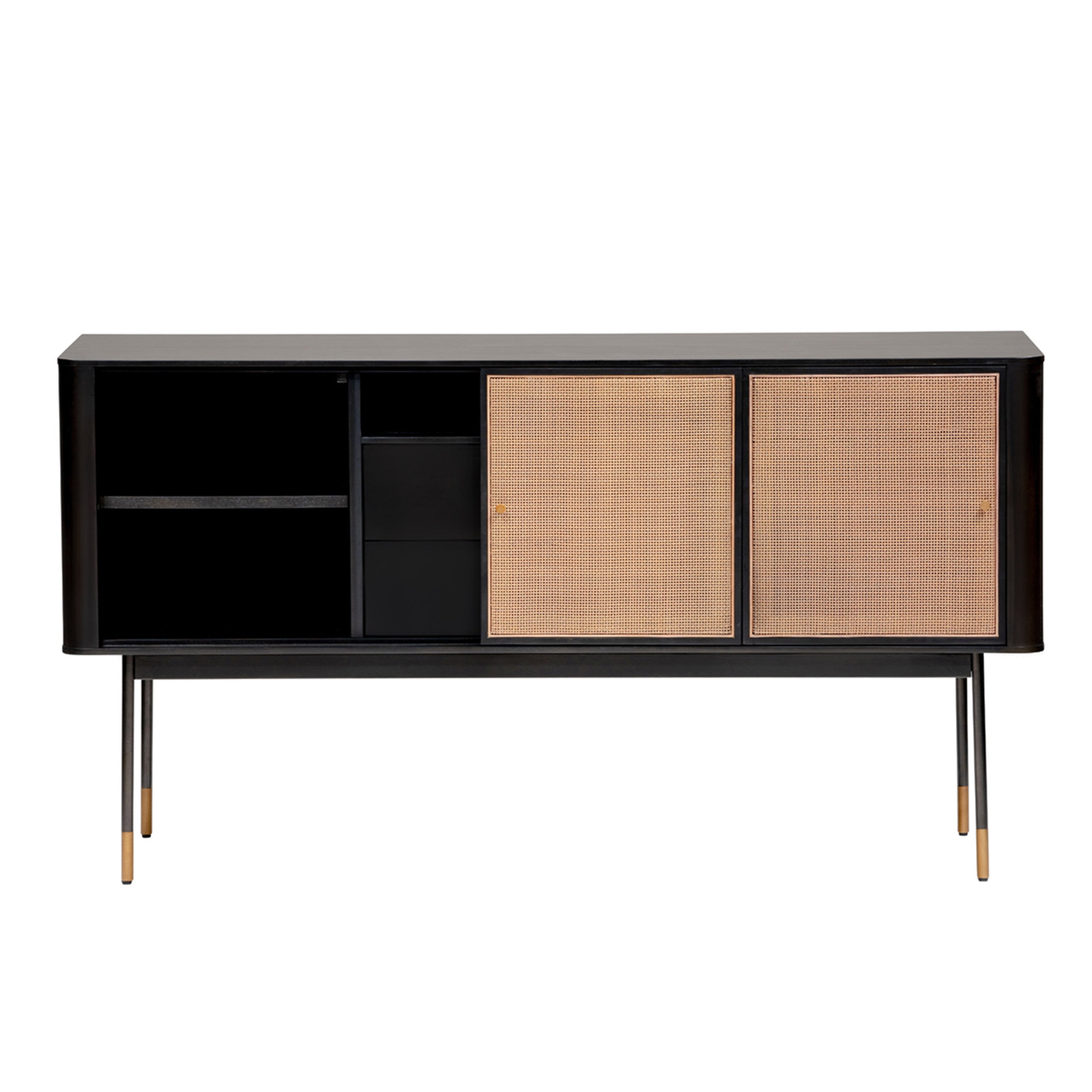 59" Black Wood and Rattan Sliding Door Cabinet