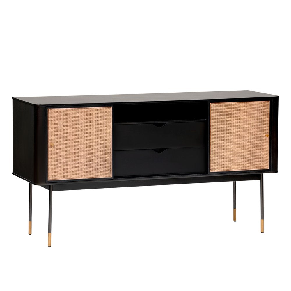 59" Black Wood and Rattan Sliding Doors Sideboard