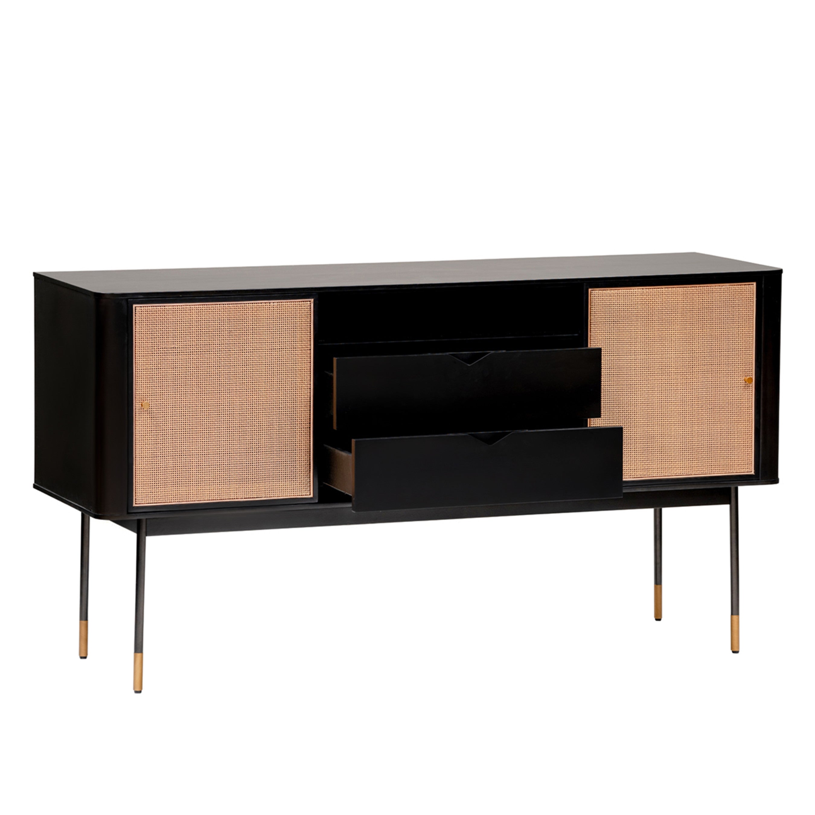 59" Black Wood and Rattan Sliding Door Cabinet