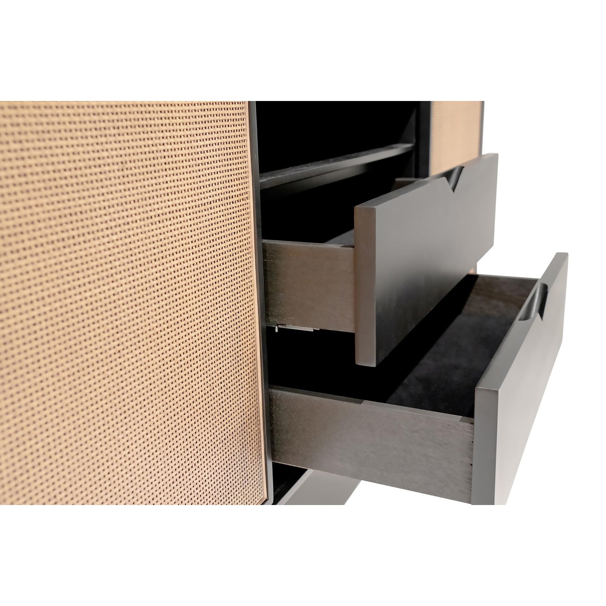 59" Black Wood and Rattan Sliding Door Cabinet