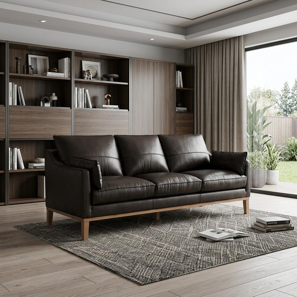 87" Leather Slope Arm Sofa with Toss Pillows